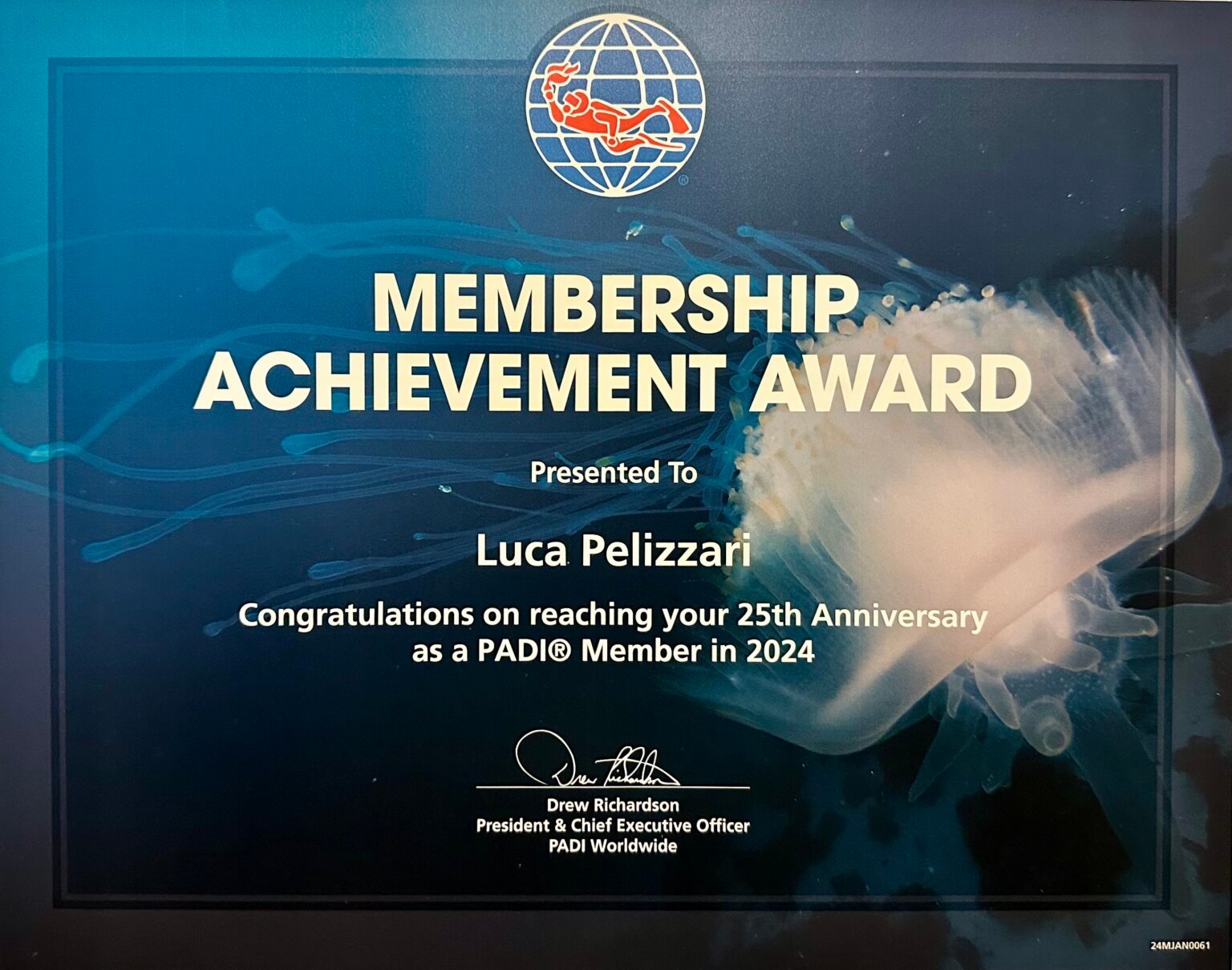 Luca Pelizzari's PADI 25-year Membership Achievement Award